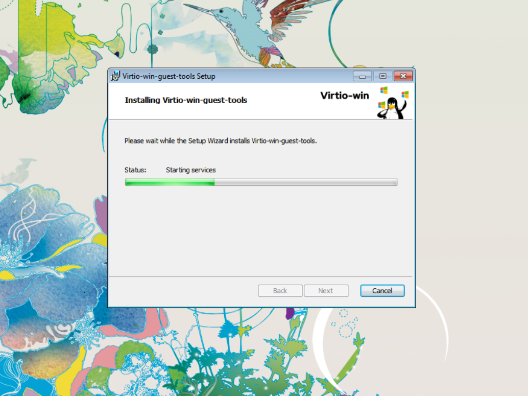 ゲストの Windows7 に virtio-win をインストールするスクリーンショット